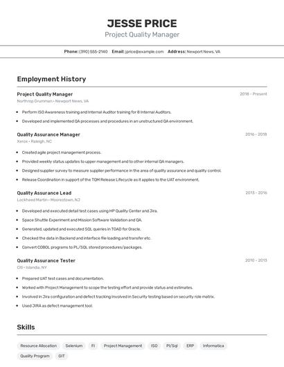 Project Quality Manager Resume