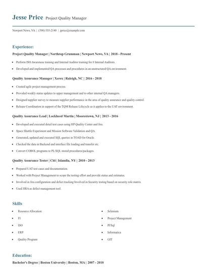 Project Quality Manager Resume