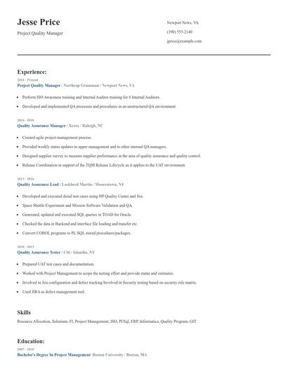 Project Quality Manager Resume