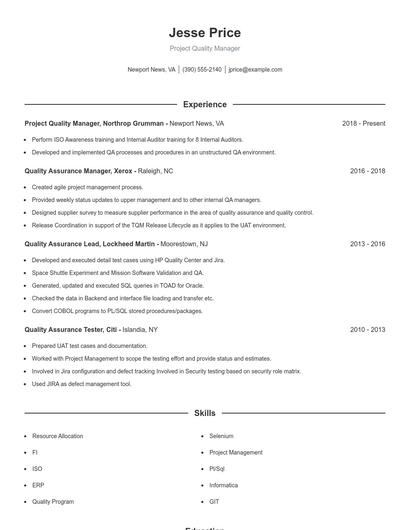 Project Quality Manager Resume