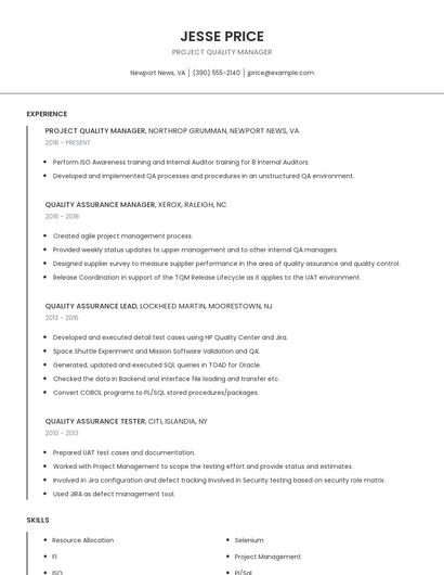 Project Quality Manager Resume