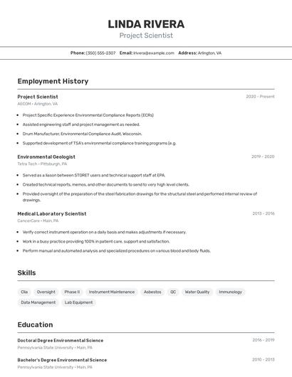 Project Scientist Resume