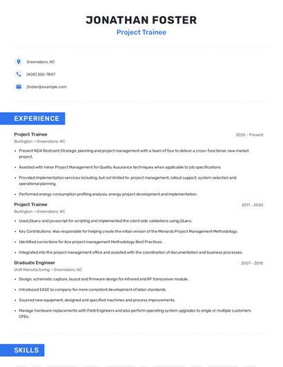 Project Trainee Resume