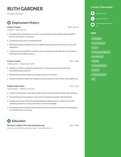 Project Trainee Resume