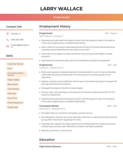Projectionist Resume