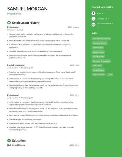 Projectionist Resume