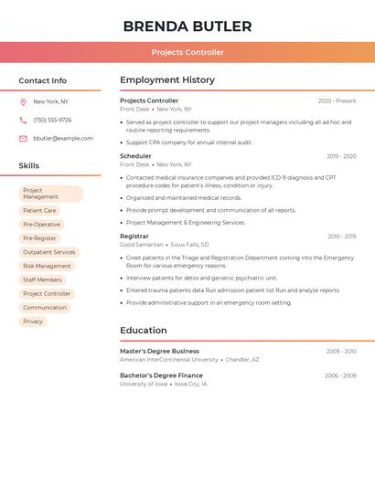 Projects Controller Resume