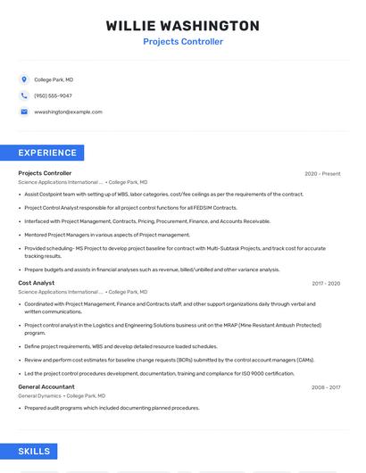 Projects Controller Resume