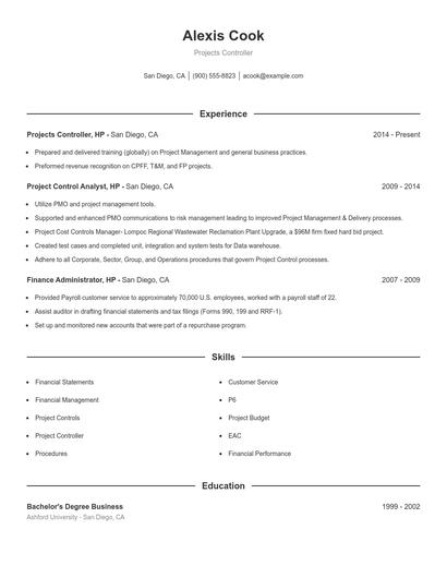 Projects Controller Resume
