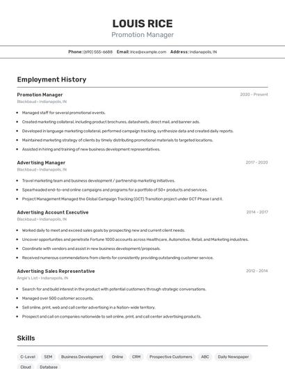 Promotion Manager Resume