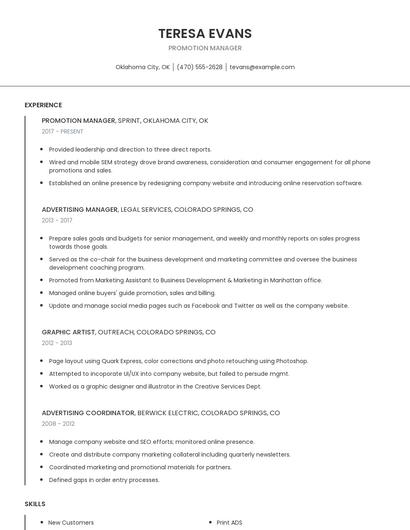 Promotion Manager Resume