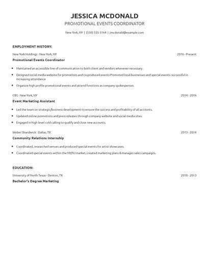 Promotional Events Coordinator Resume