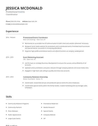Promotional Events Coordinator Resume