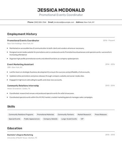 Promotional Events Coordinator Resume