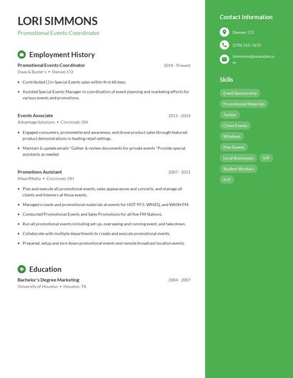Promotional Events Coordinator Resume