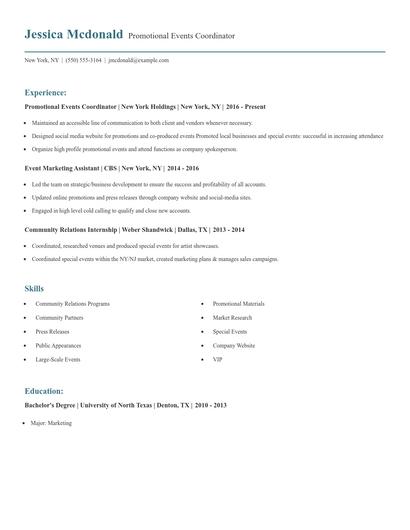 Promotional Events Coordinator Resume