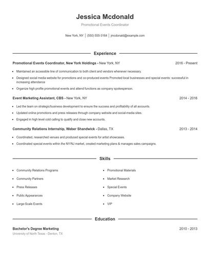 Promotional Events Coordinator Resume