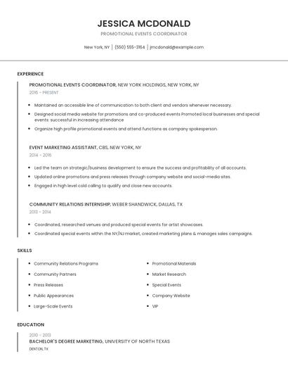 Promotional Events Coordinator Resume