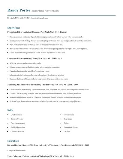 Promotional Representative Resume