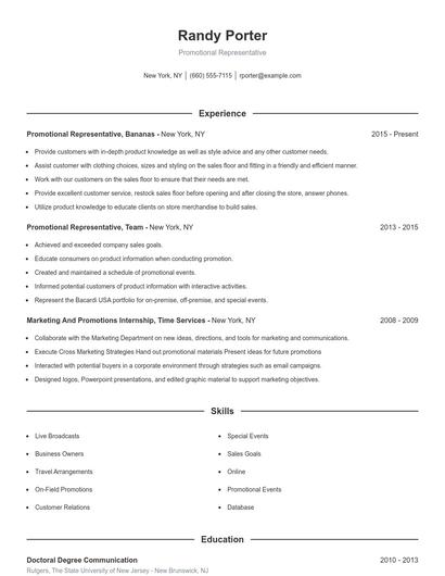 Promotional Representative Resume