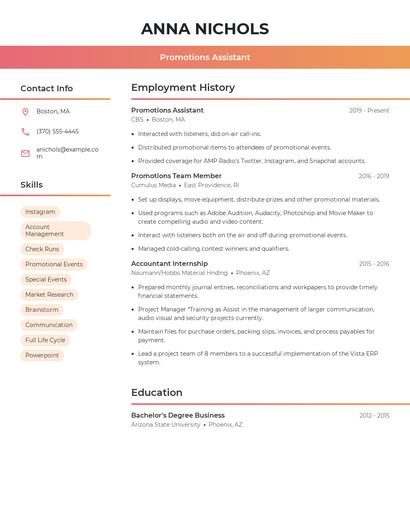 Promotions Assistant Resume