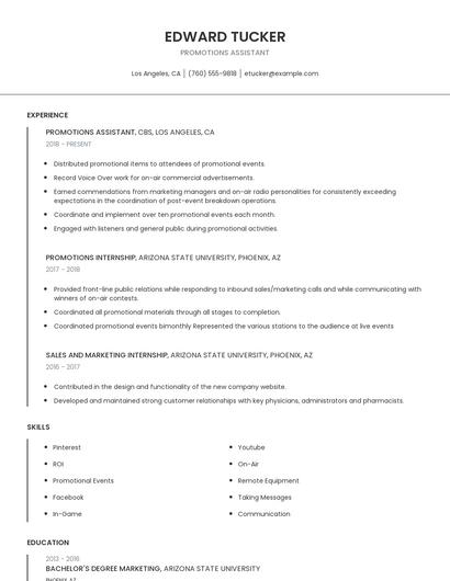 Promotions Assistant Resume