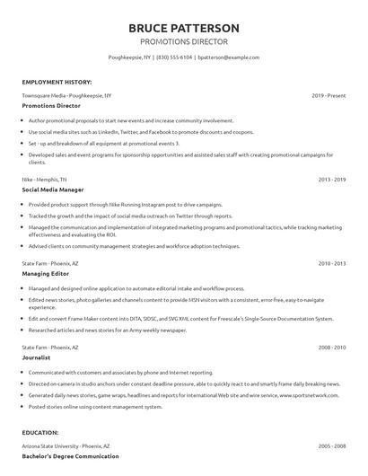 Promotions Director Resume