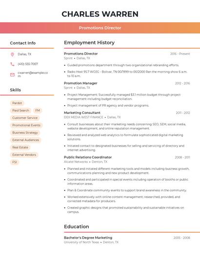 Promotions Director Resume