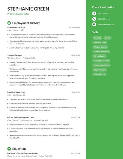 Promotions Director Resume