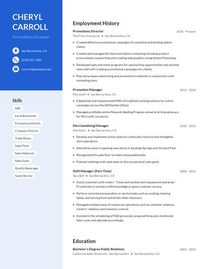 Promotions Director Resume