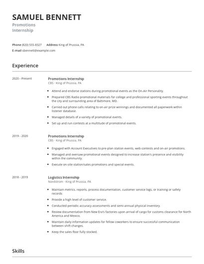 Promotions Internship Resume