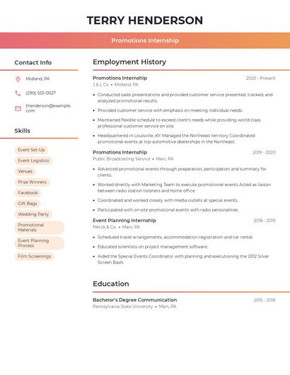 Promotions Internship Resume