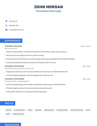 Promotions Internship Resume