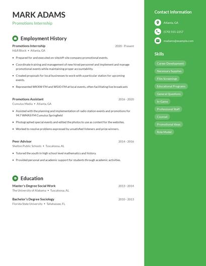 Promotions Internship Resume
