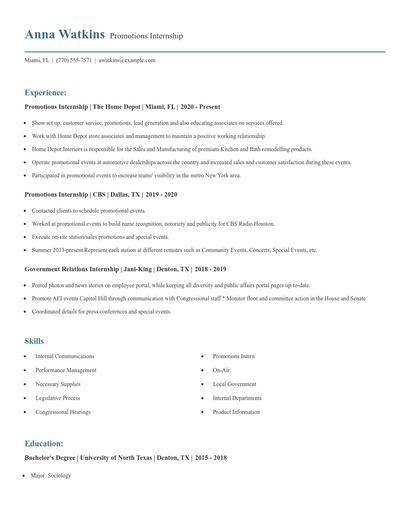Promotions Internship Resume