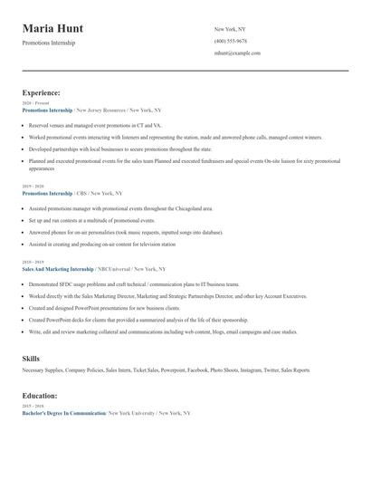 Promotions Internship Resume