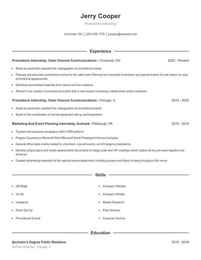 Promotions Internship Resume