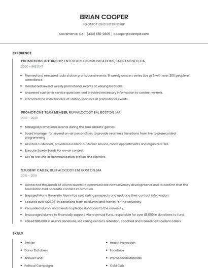 Promotions Internship Resume