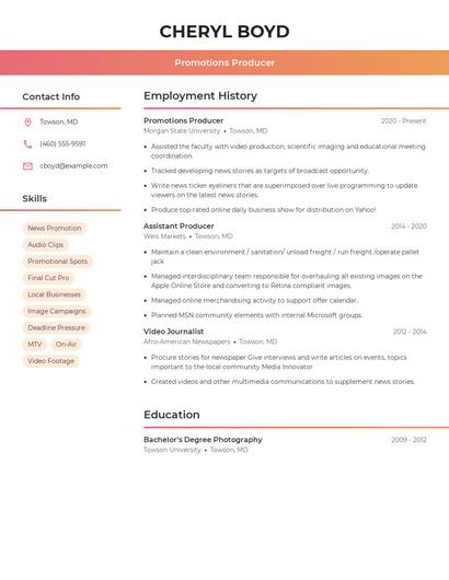 Promotions Producer Resume