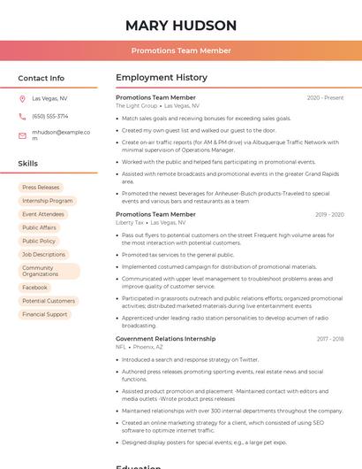 Promotions Team Member Resume