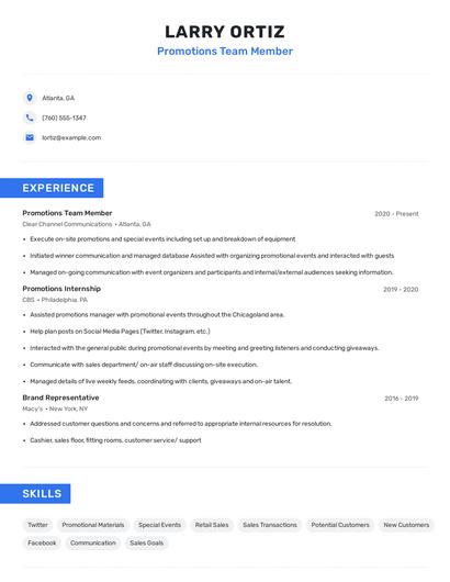 Promotions Team Member Resume