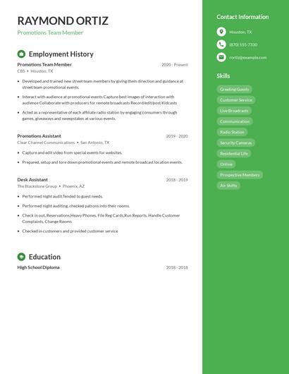 Promotions Team Member Resume
