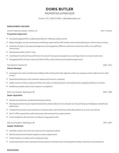 Properties Supervisor Resume