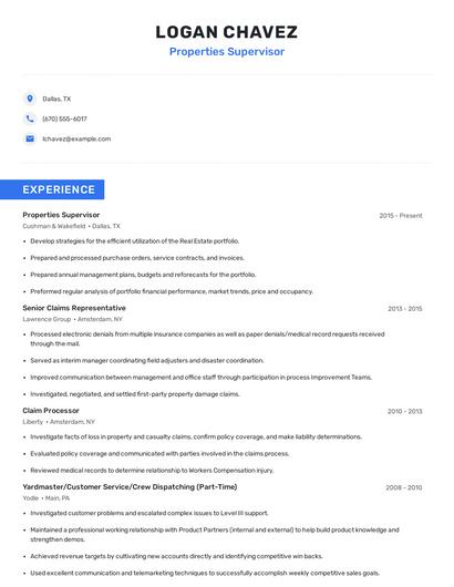 Properties Supervisor Resume