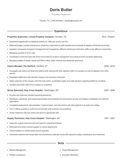 Properties Supervisor Resume