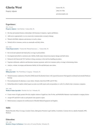 Property Adjuster Resume