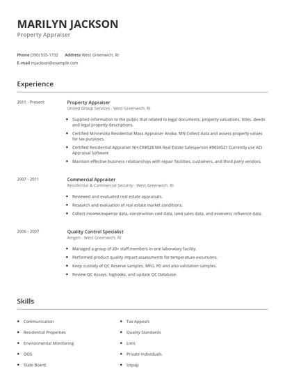 Property Appraiser Resume