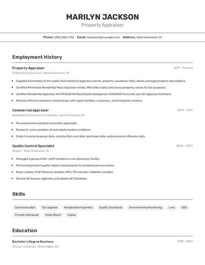 Property Appraiser Resume