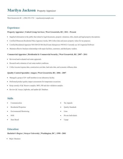 Property Appraiser Resume