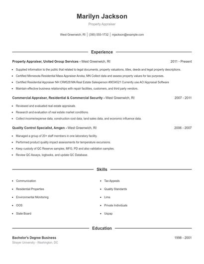 Property Appraiser Resume